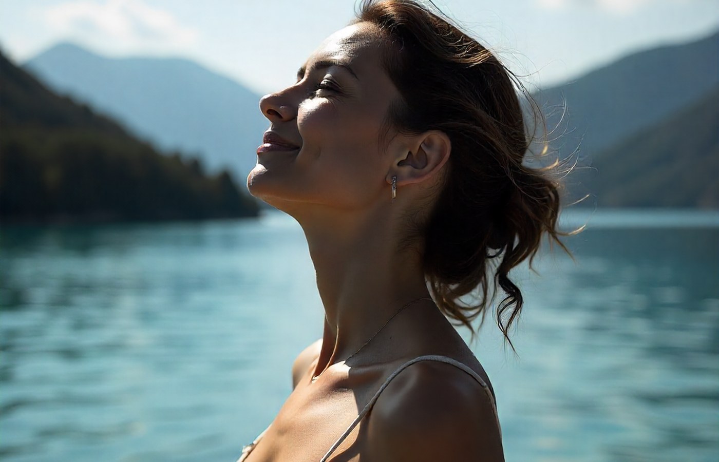 Mujer en calma frente a un lago y montañas durante una experiencia de bienestar